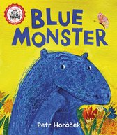 De voorkant van het boek 'Blue Monster' van Petr Horáček. Een blauw monster kijkt omhoog vanaf een gele achtergrond. Een vlinder vliegt boven het monster. "The Week Junior Book Awards" staat op een rode cirkel.