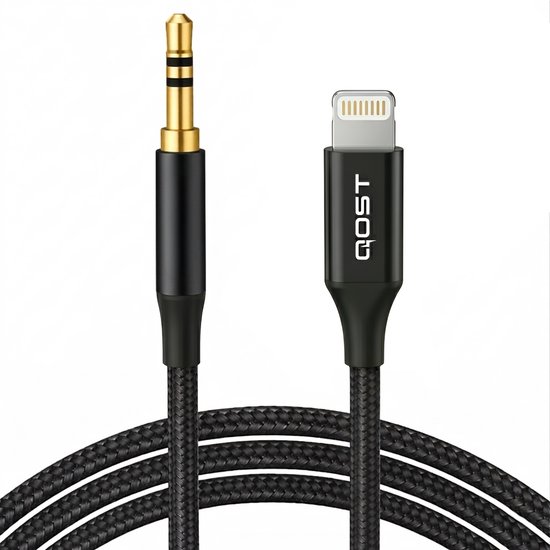 Qost - Câble Lightning vers Aux - Zwart - 1 Mètre - Jack 3,5 mm vers 8 broches - Male vers Male - Compatible avec iPhone 14/14 Pro / 14 Pro Max / 13 / 12 / 11 / XR / X / 8