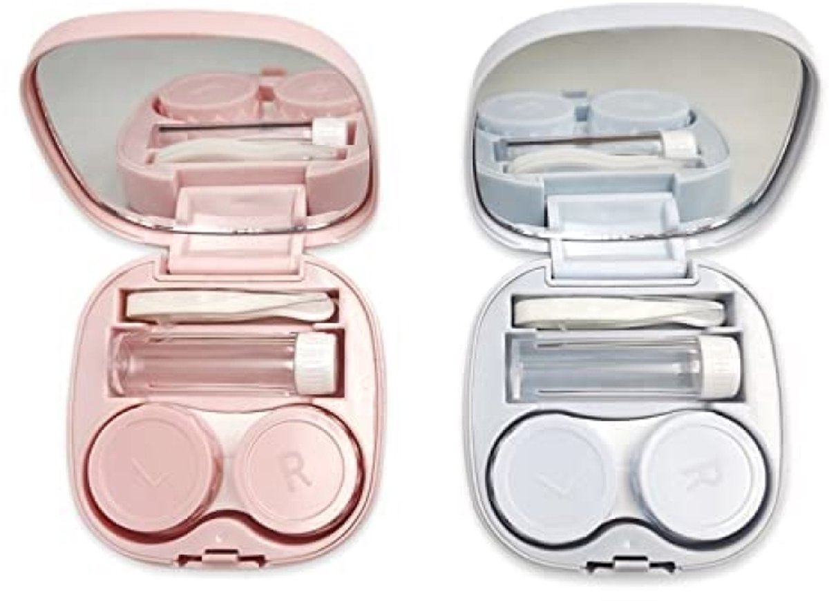 Reisset voor contactlenzen - 2 stuks met accessoires - Compact en lekvrij - Blauw en roze