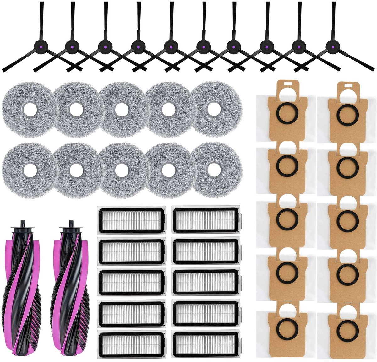 Geschikt voor Haier V30 V3S / RHSW-V30U1 Robotstofzuiger Accessoires Vervangingsset - 2 Hoofdborstels, 10 Zijborstels, 10 HEPA Filters, 10 Dweilpads, 10 Stofzakken
