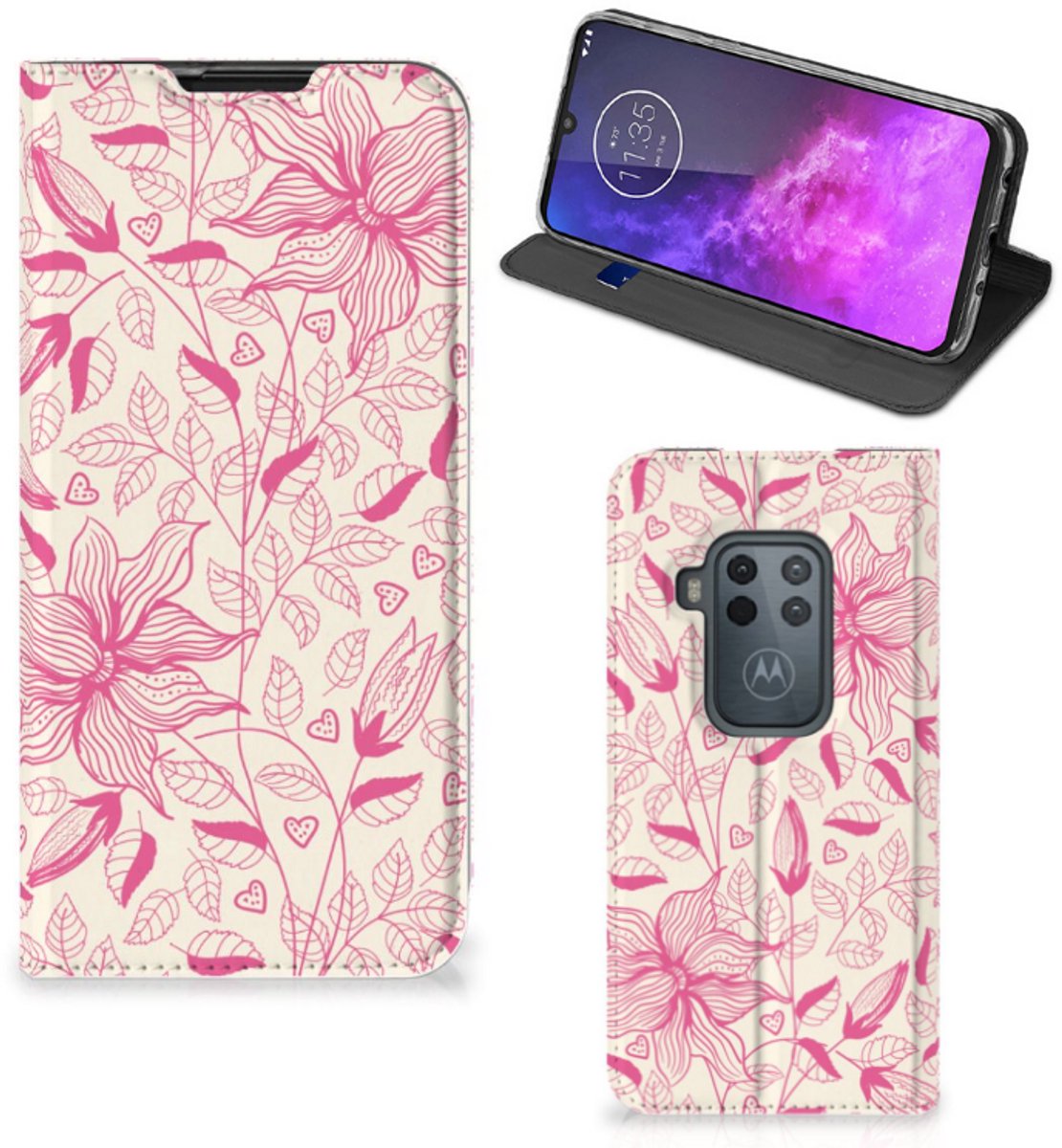 Standcase Hoesje voor Motorola One Zoom Smart Cover Pink Flowers