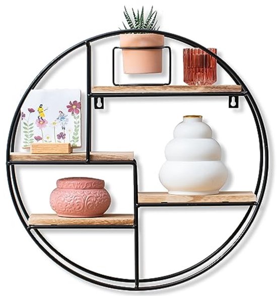 Muurplank Rond Ronde wandplank met metalen frame - 4 niveaus in echt hout - Zwart ...