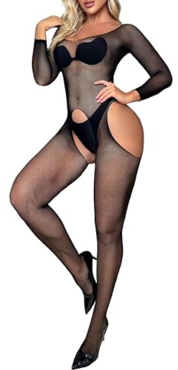 Vrouwen Bodystocking Visnet Catsuit - Zwarte Feestkleding - Rekbaar en Ademend