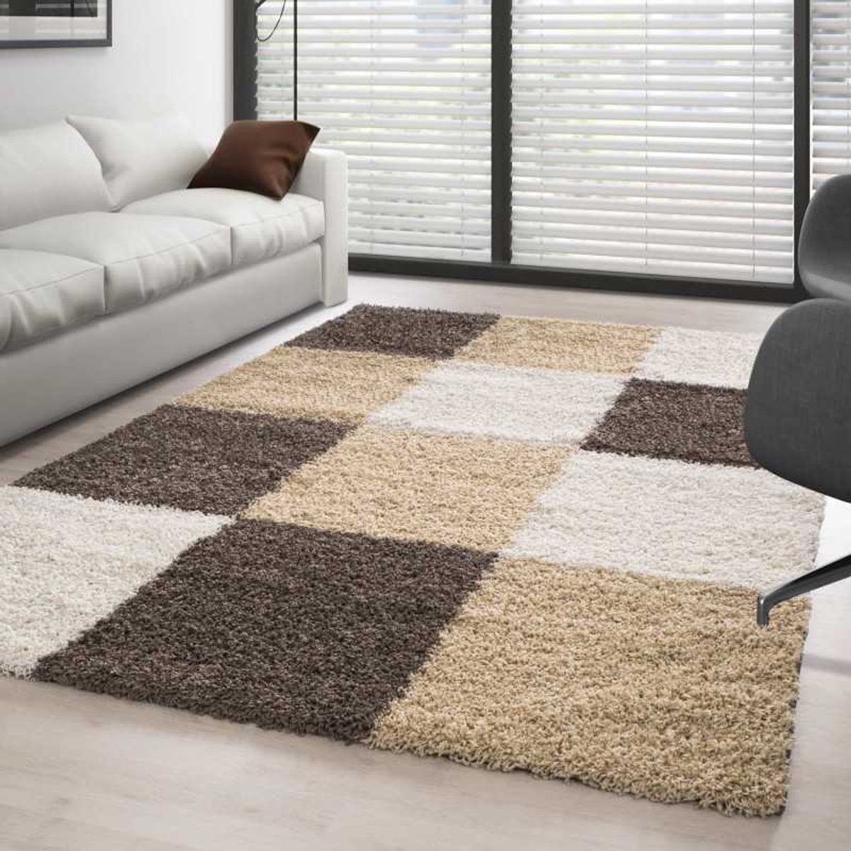 TapisTrend Harig tapijt Bruin-wit-beige 120x170 cm Hoogpolig vloerkleed met ruitpatroon