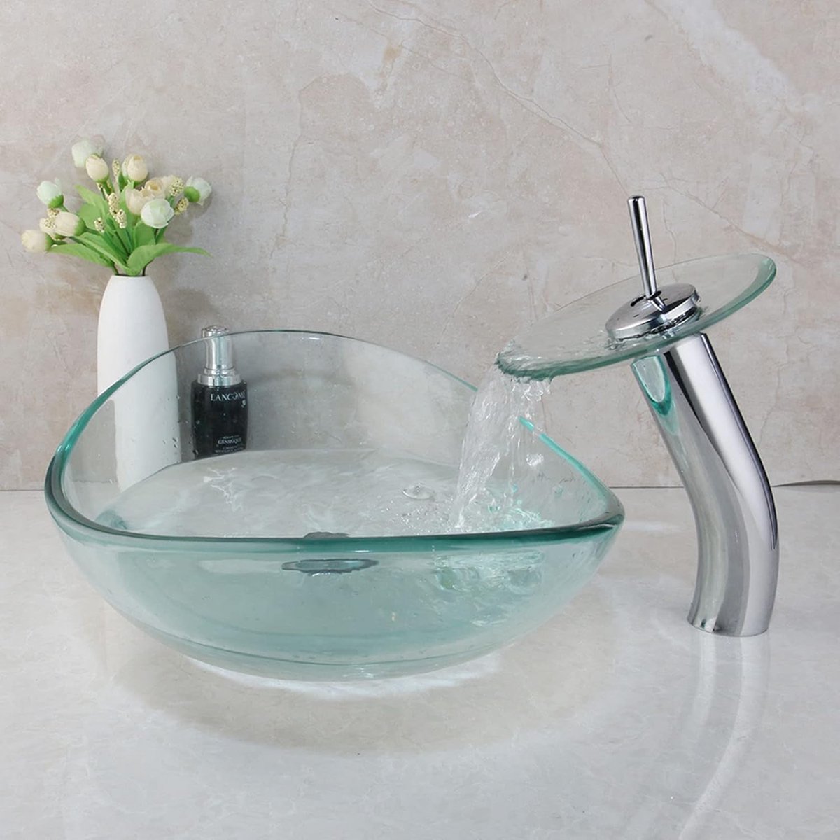 Wasbak waskom ovaal Blank Glas 47x 30 cm met hoge watervalkraan met glazen schijf waar het water afloopt