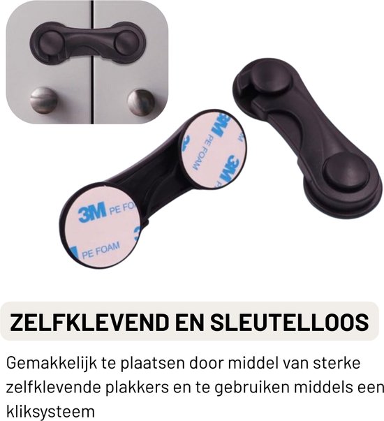 Zwarte, zelfklevende en sleutelloze kindersloten met sterke plakkers en een kliksysteem. Getoond op grijze kastdeuren.