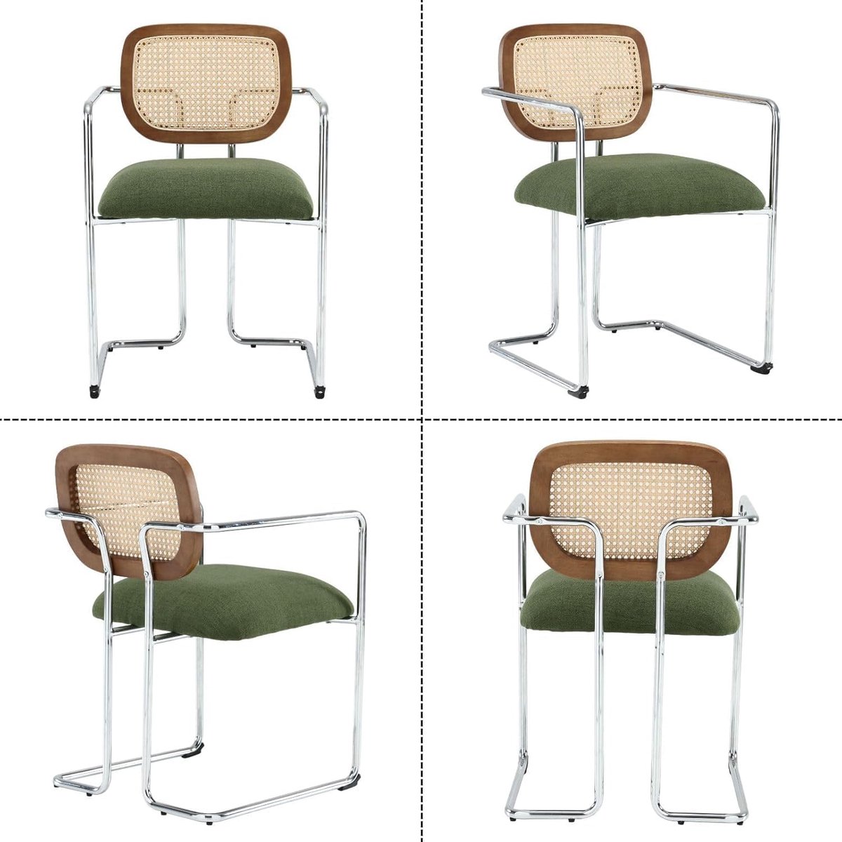 Eetkamerstoelen set van 4 – Retro Rotan Stoelen met Gestoffeerde Zitting en Metalen Frame 53x58x76 cm Groen – Comfortabele Keukenstoelen en Woonkamerstoelen – Laura