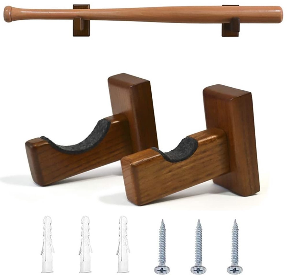 Allecto - Baseball bat rack - Houten wandplank - Handgemaakt - Bruin - Baseball opbergrek - Met viltbekleding - Geschikt voor baseball bats - Wandm...