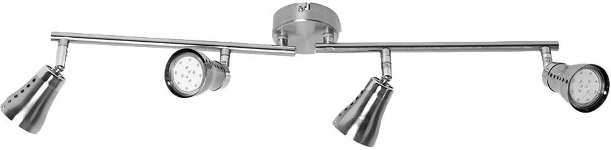 Plafondspot spot strip spot LED plafondlamp, 4 beweegbare spots, mat zilver nikkel, 4x LED 3W 280lm 3000K, LxBxH 62,5x8x16cm
