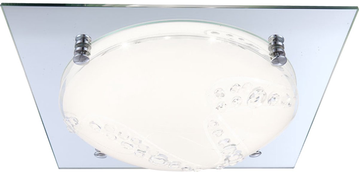 Globo Plafondlamp kristallamp plafondlamp glaslamp woonkamerlamp, spiegelrand kristal decor opaal, 1x LED 12 watt 960 lumen neutraal wit, LxBxH 31,5x31,5x8,5cm, Globo, 48254-12 zilver