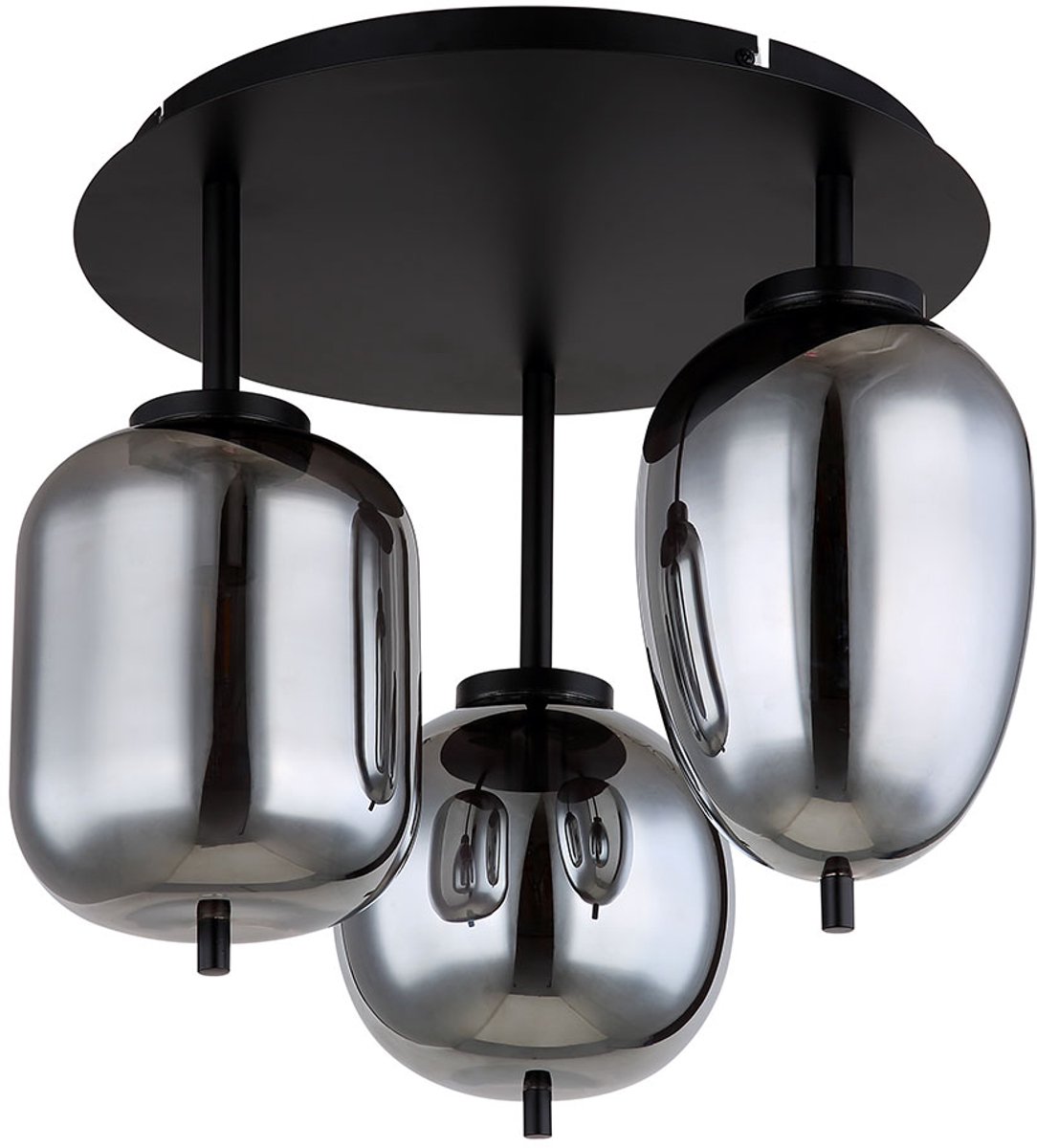 Globo Plafondlamp glazen lamp 3 vlammen glazen kap rookkleurige plafondlamp rond zwart woonkamerlamp, metaal glas, zwart, 3x E14 stopcontacten, DxH 46x36 cm