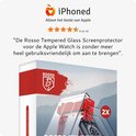Verpakking van de Rosso Tempered Glass Screenprotector met een Apple Watch en installatietray.