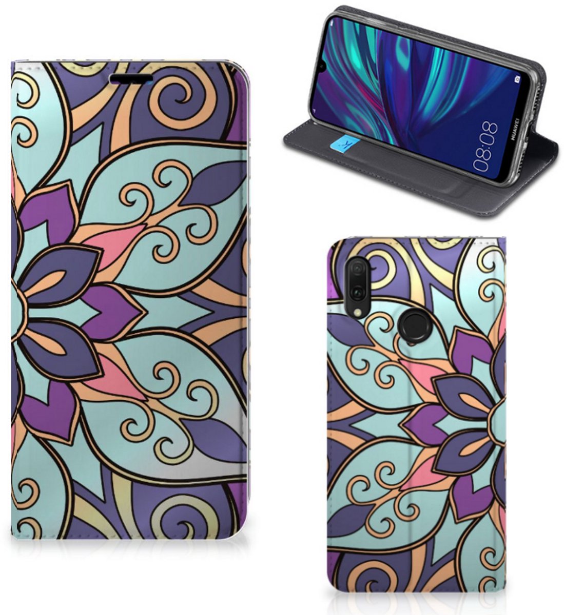 Huawei Y7 hoesje Y7 Pro (2019) Smart Cover Purple Flower