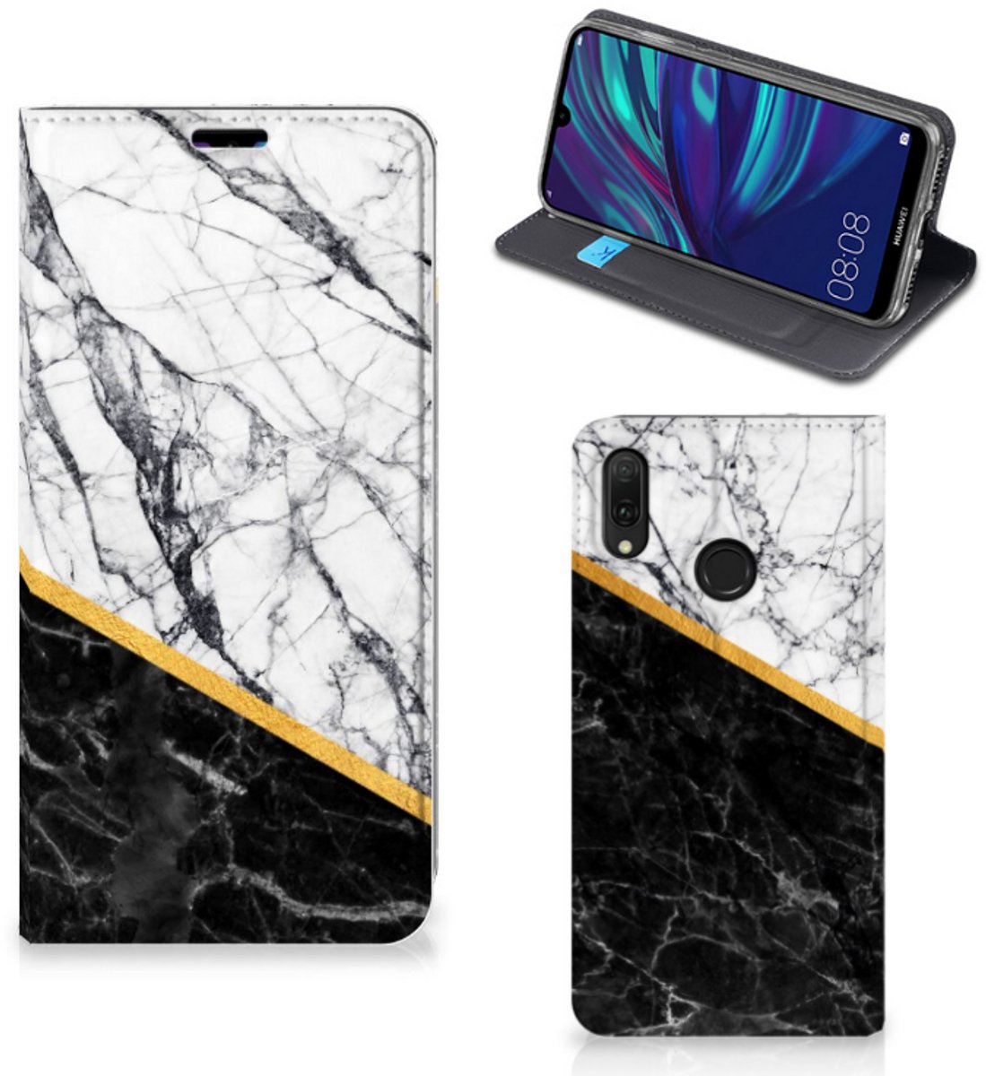 Huawei Y7 hoesje Y7 Pro (2019) Standcase Marmer Wit Zwart - Origineel Cadeau Man