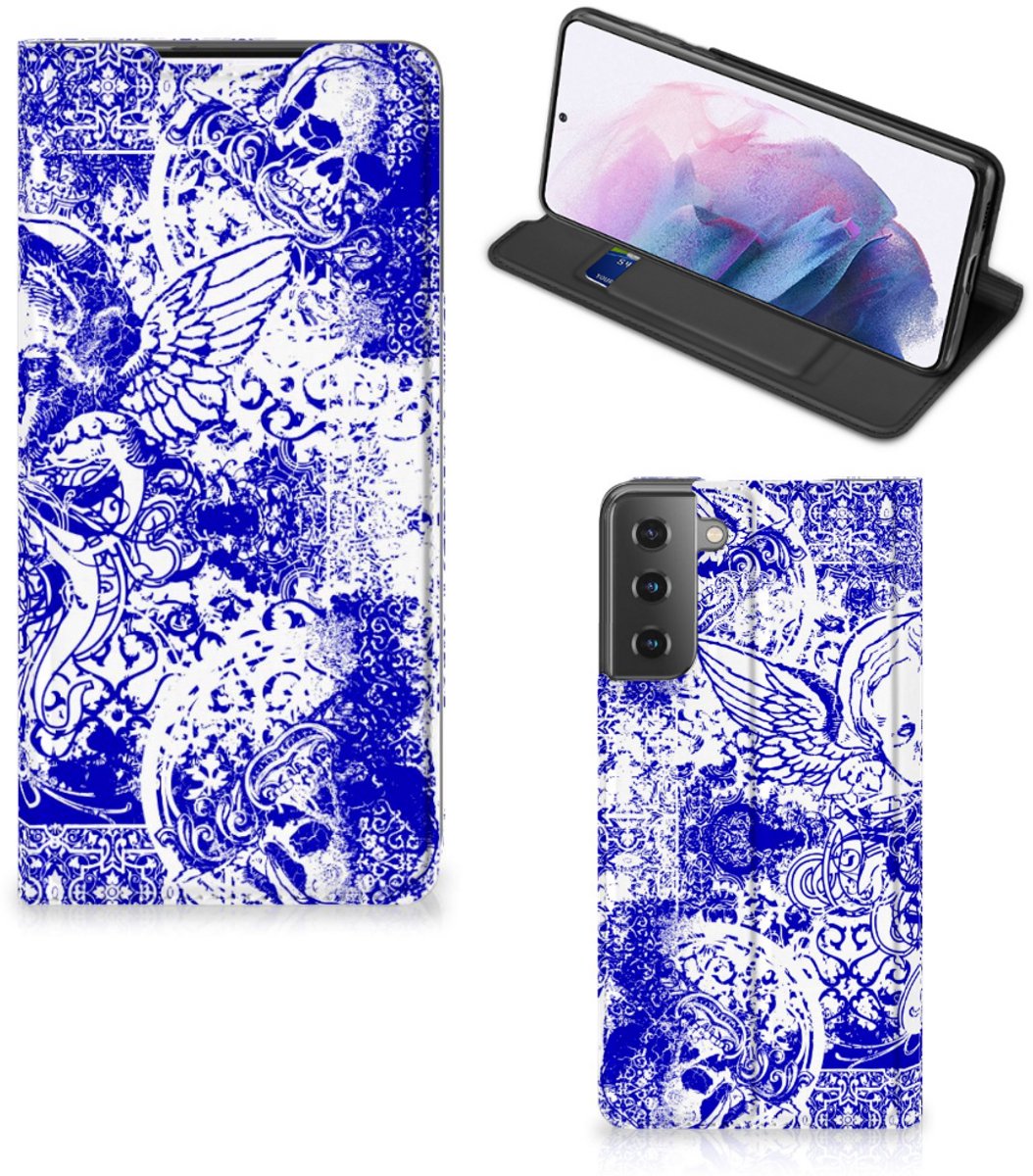 Mobiel BookCase Samsung Galaxy S21 Plus Angel Skull Blauw