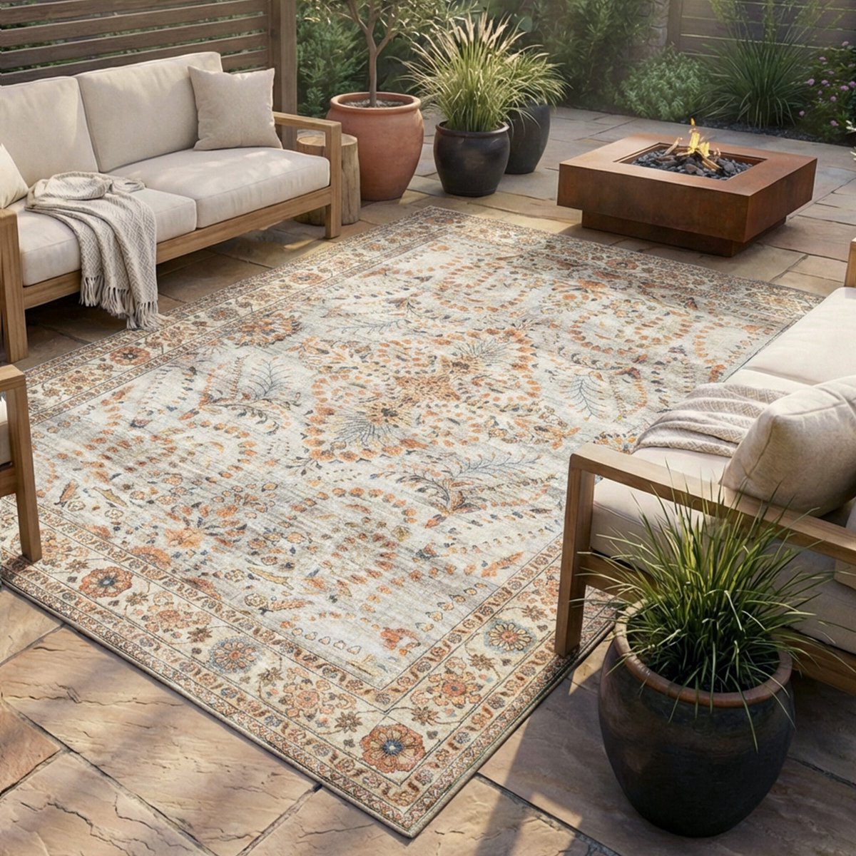 Fraai Vintage buitenkleed - Santo Flora Lichtgrijs - 120x170cm