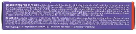 Doosje FloraSan Forte met 'nutrisan', '20 miljard bacteriën' en '30 capsules'.