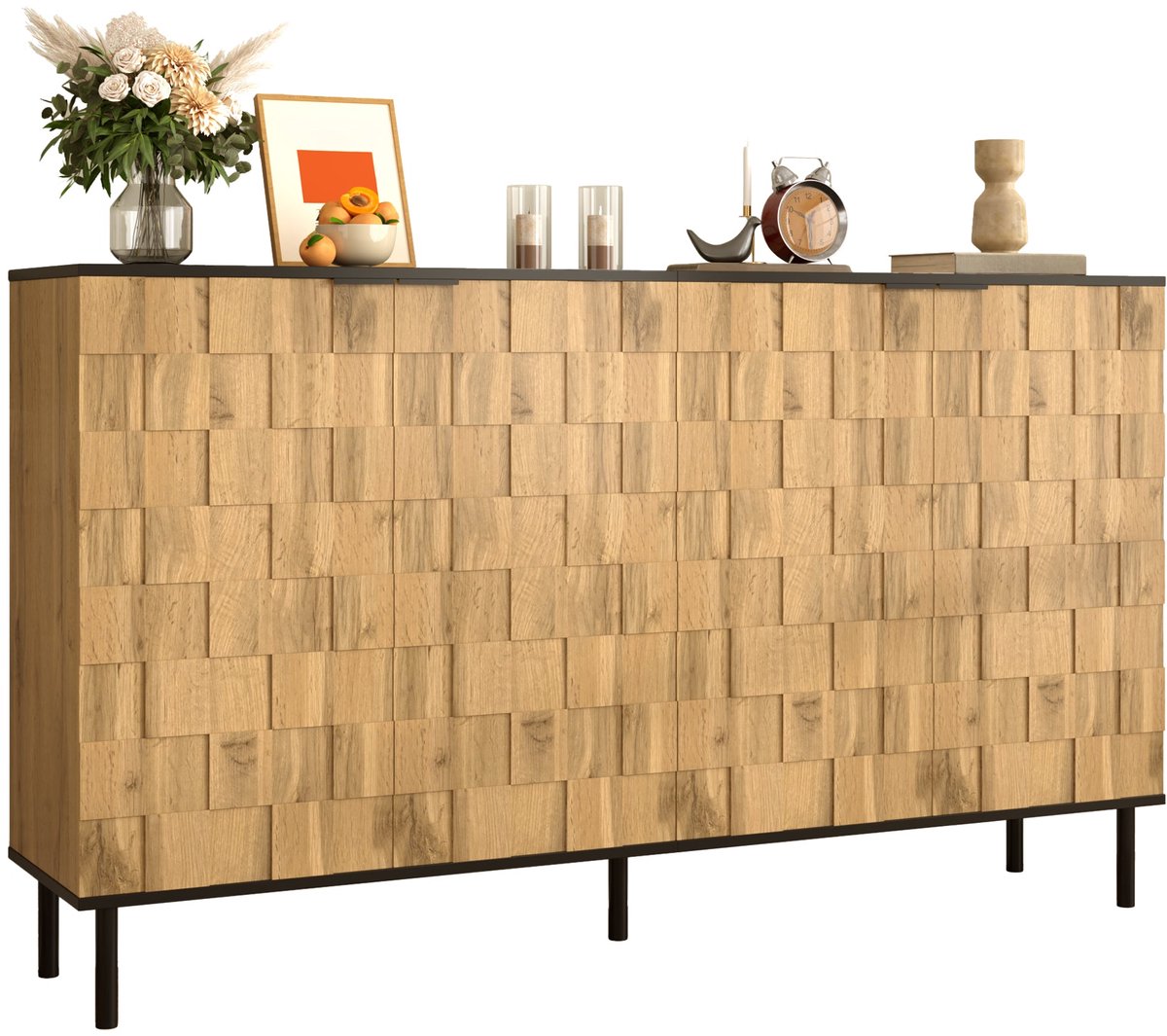 Merax Dressoir 160 cm - Opbergkast met 2 Deuren en Legplank - Sideboard Kast met Metalen Poten Houtkleur