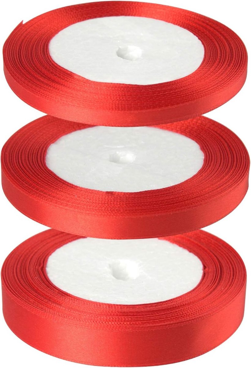 Rode Satijnen Cadeaulinten voor Kerstversiering en Creatieve Projecten - 6mm, 10mm, 15mm (23m/Rol x 3 Rollen)