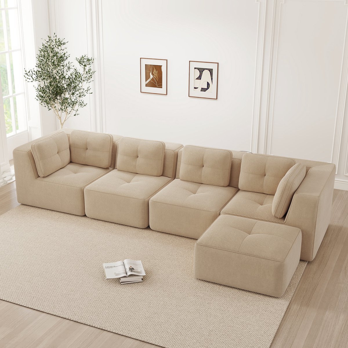 MODFU Modulaire Hoekbank - Diepe Zitting En Antislip - Modern - Voor De Woonkamer - Cordstof - Beige - 74 Cm