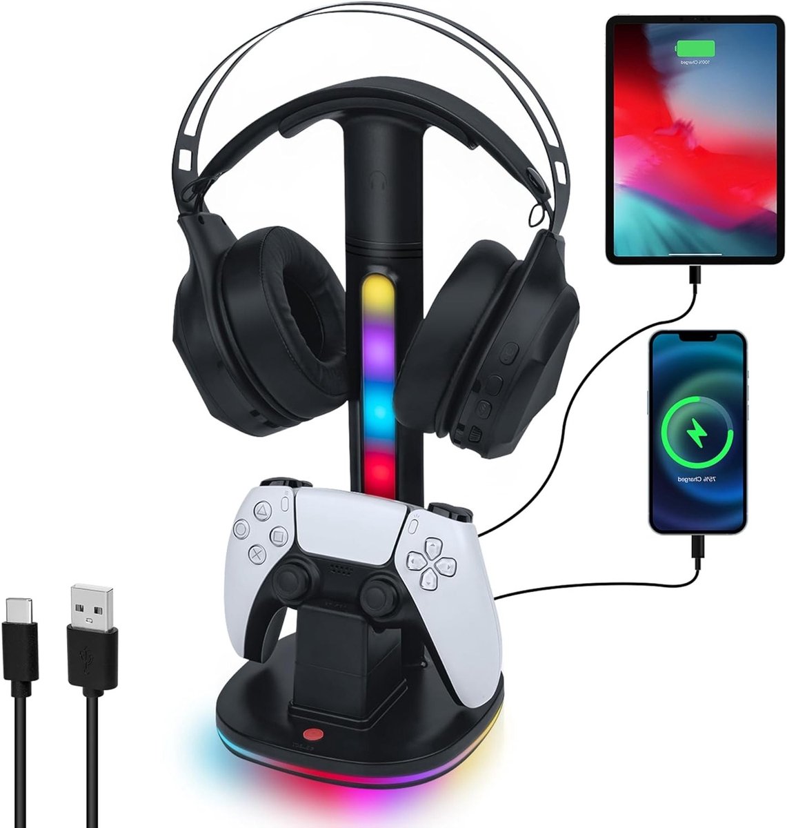Hoogwaardige Headset Stand met RGB Verlichting voor PS5 Controllers, Inclusief 2 USB Poorten en Stijlvol Ontwerp, Zwart