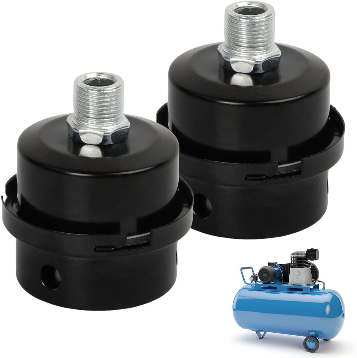 2 Stuks Luchtcompressor Demper, 3/8 Inch 16mm Zwarte Metaal Zuigfilter, Geluidsisolatie voor Compressoren en Boilers