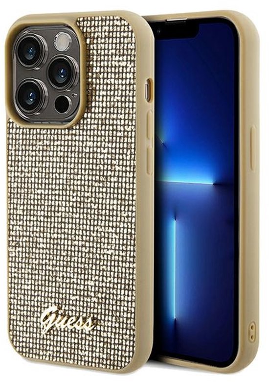 Gouden Guess telefoonhoes met glinsterend gemêleerd patroon en beige rand, met iPhone.