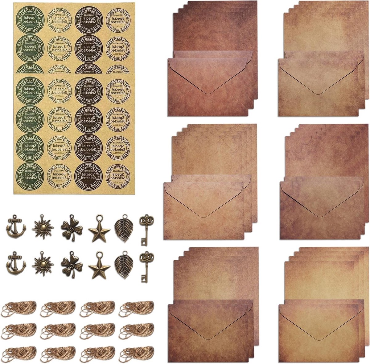 Vintage Briefpapier Set met 24 Vellen, 12 Enveloppen, 12 Retro HANGs en 32 Stickers voor Creatief Gebruik en Kantooraccessoires