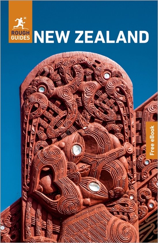 Nieuw-Zeeland reisgids van Rough Guides met eBook. Voorzijde met gedetailleerd rood Maori houtsnijwerk.