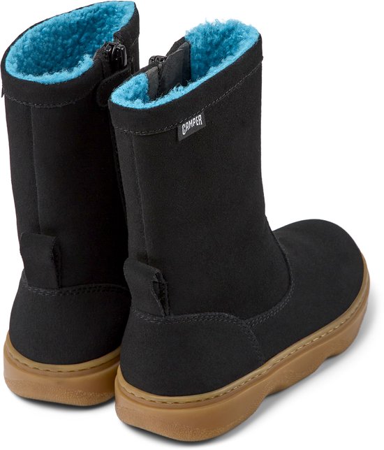 Zwarte laarzen met blauwe voering en rits, rubberen zool met 'CAMPER'-logo.