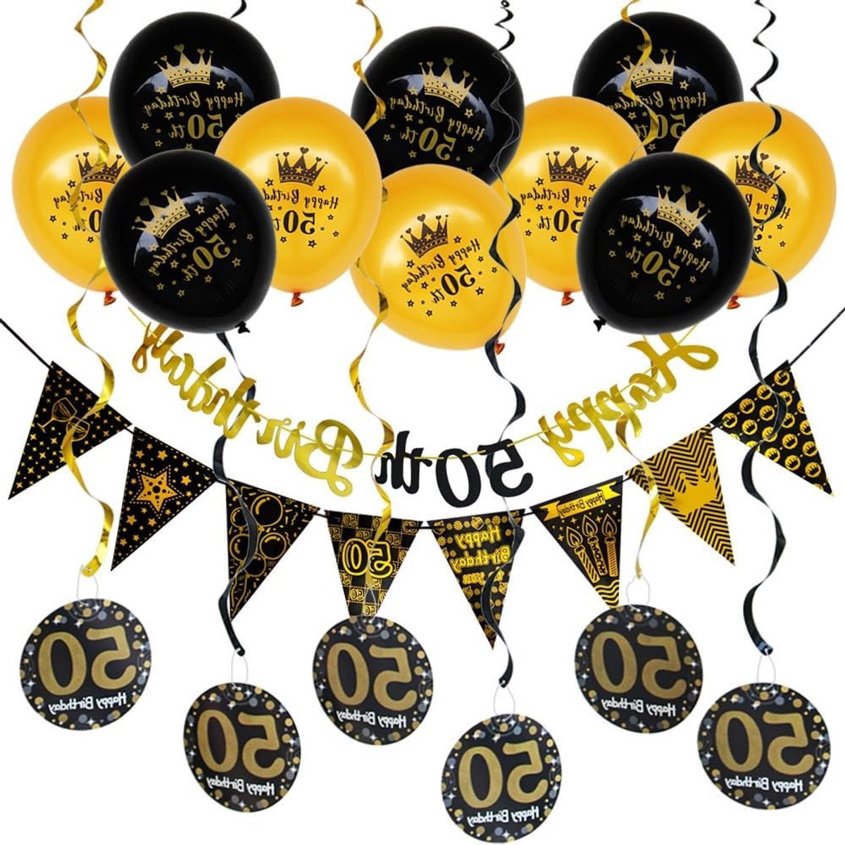 Verjaardagsdecoratie voor 50e verjaardag, zwart-gouden versiering, hangende werveldecoraties en lange banners voor mannen en vrouwen