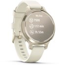 Gouden smartwatch met wit bandje. Scherm toont 'Mijn Dag' met 7500 stappen, 112 min activiteit en 7u 55m slaap.