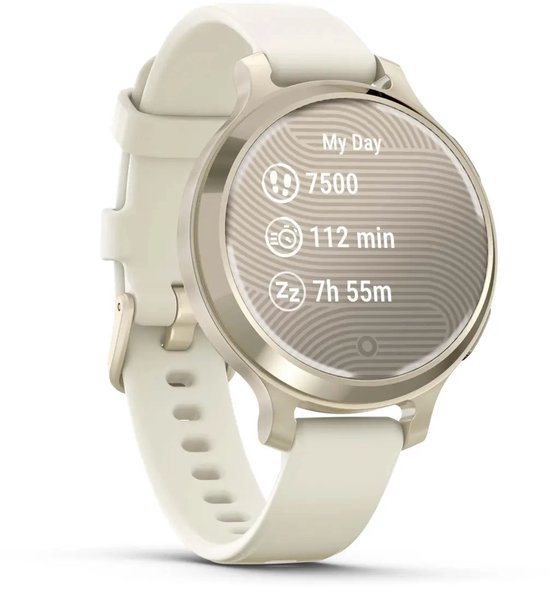 Gouden smartwatch met wit bandje. Scherm toont 'Mijn Dag' met 7500 stappen, 112 min activiteit en 7u 55m slaap.