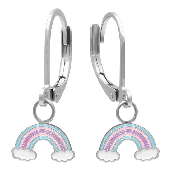 Zilverkleurige oorhangers met een regenboogje in pastelkleuren (roze, paars, blauw) met glitters en witte wolkjes.