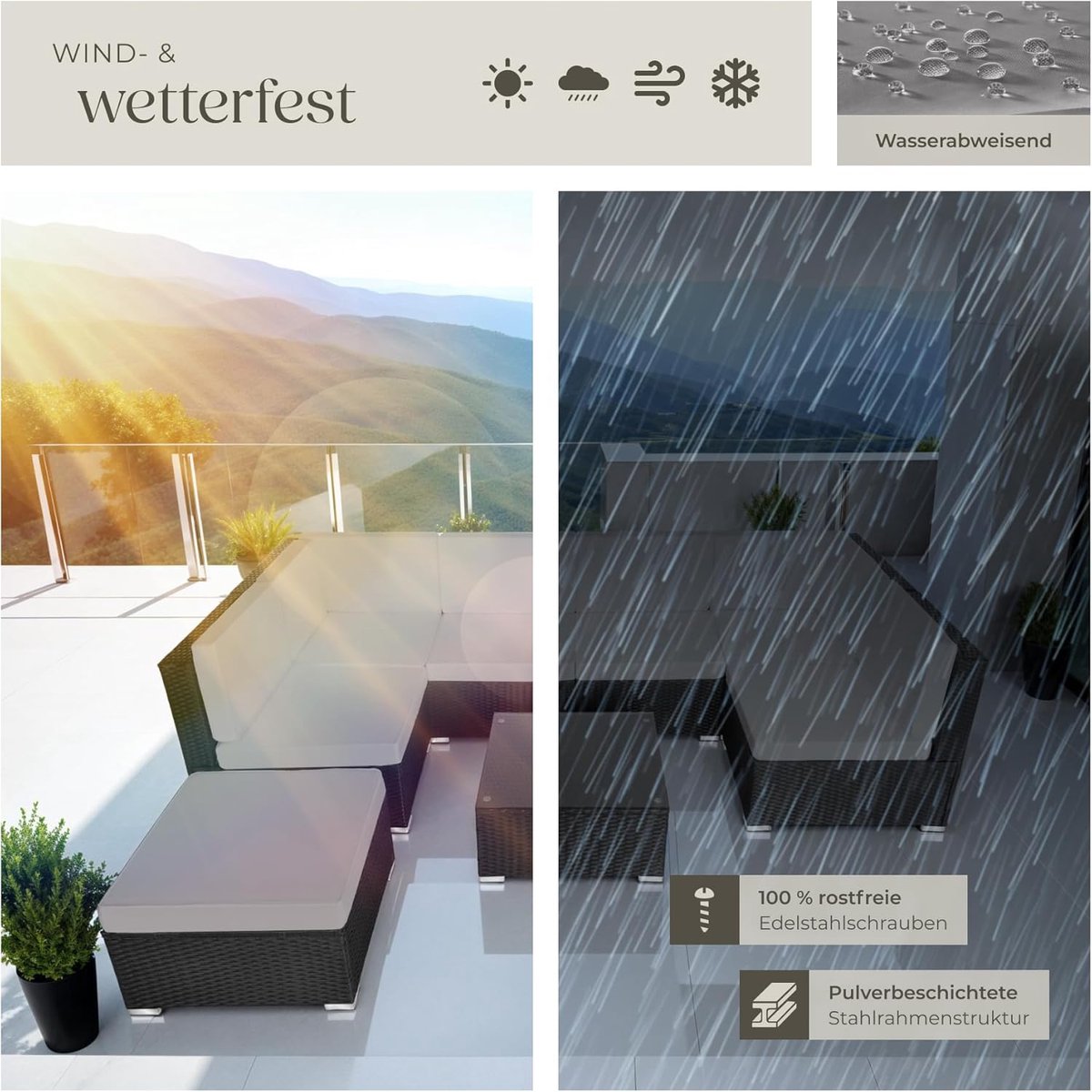 Lounge tuinset 5-delig polyrotan L233 x B157 x H75 cm – Compacte tuinloungeset met bank, kruk en tafel met glasplaat, incl. kussens, weerbestendig grijs gemêleerd/grijs – HomebyNicole