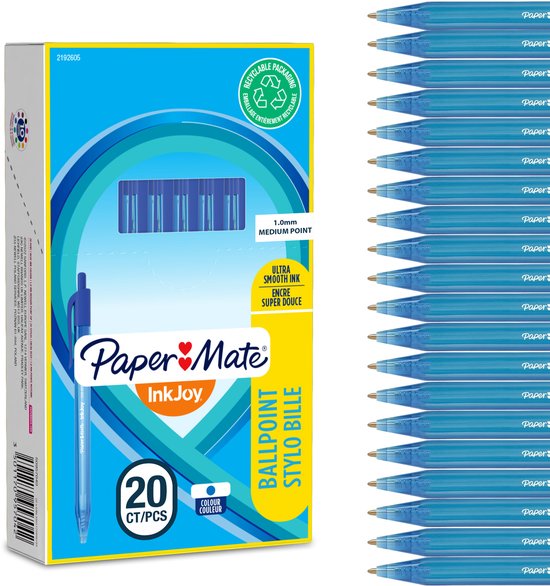 Paper Mate InkJoy 100RT-balpennen met drukknop | Medium punt (1,0 mm) | Blauw | 20 stuks
