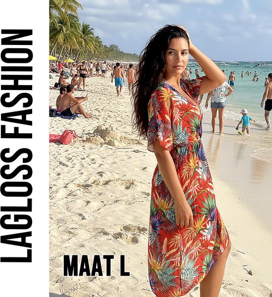 LaGloss® Tropische Print Strandjurk Met V-Hals Rood Koraal – Bloemenprint – Strand jurk – Maxi jurk – Boho Strand & Casual – Maat L