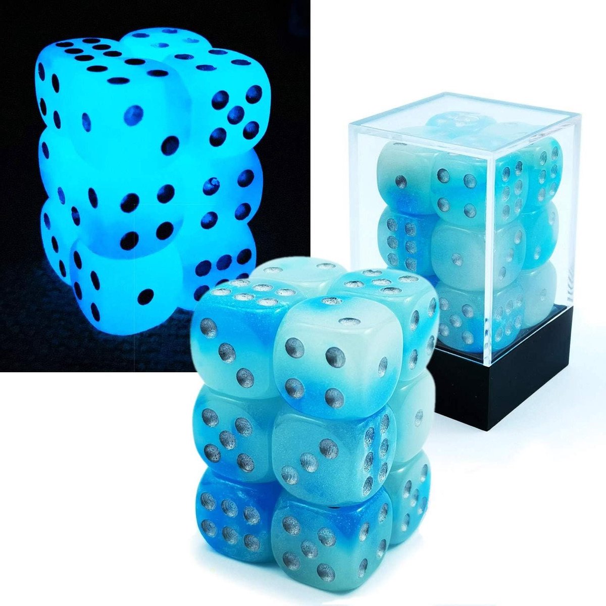 Dobbelstenen Set - Zes Zijdige Dobbelstenen - Bordspellen Spelen - Tweekleurig Lichtgevend - 16mm - Blauw