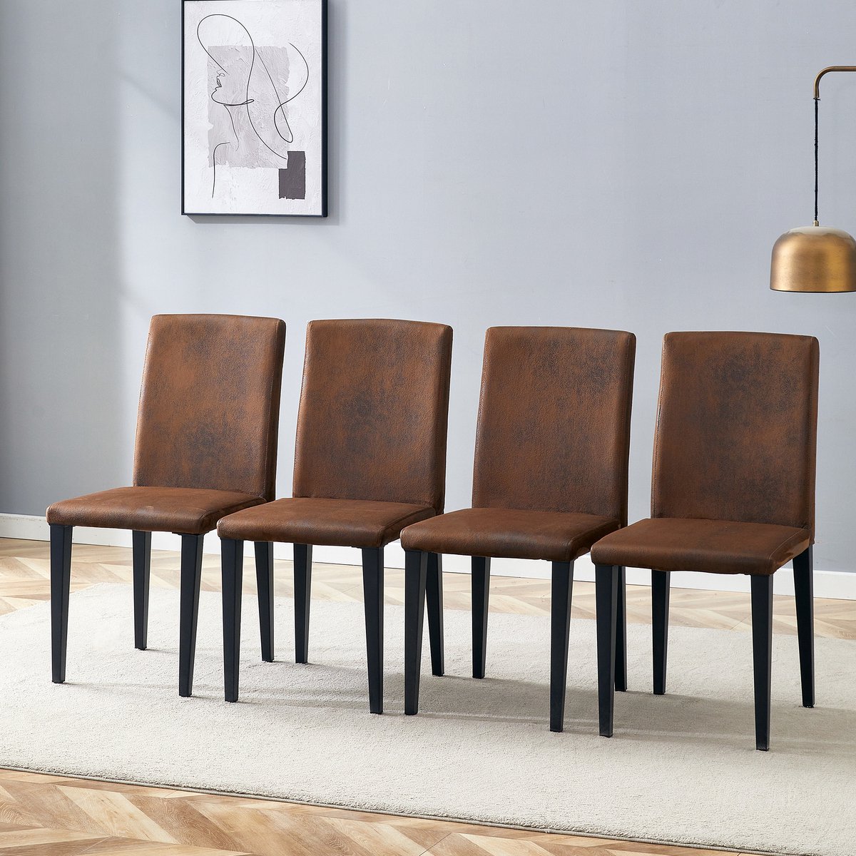 [Set van 4 minimalistische eetkamerstoelen] Europese stijl met bruine geweven stof: Donkerbruine technische stof + zwarte metalen poten. Past perfect in moderne eetkamers, woonkamers en meer.