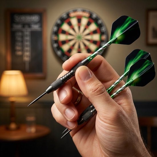 Groen zwarte dartpijlen set 22g met metalen barrel en gegraveerd patroon - darts voor heren en dames - dartpijlen met aluminium schacht, groene flights en geribbelde grip - set van 3 darts voor entertainment en spellen van Merkloos — afbeelding 4