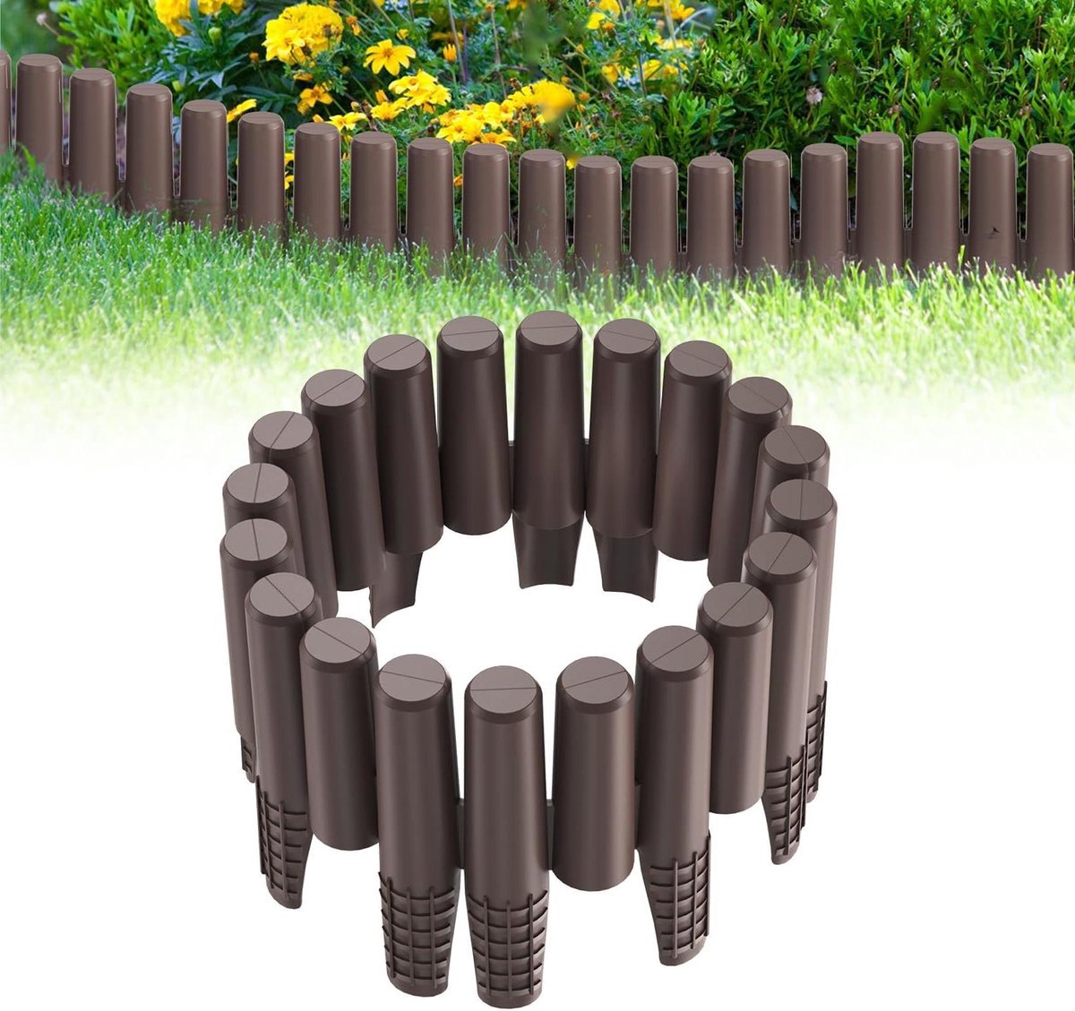 Gazonrand Kunststof - Bloembakrand Tuinrand - Tuin Onderhouden - Imitatie Hout Design - 10 stuks 28m - Bruin