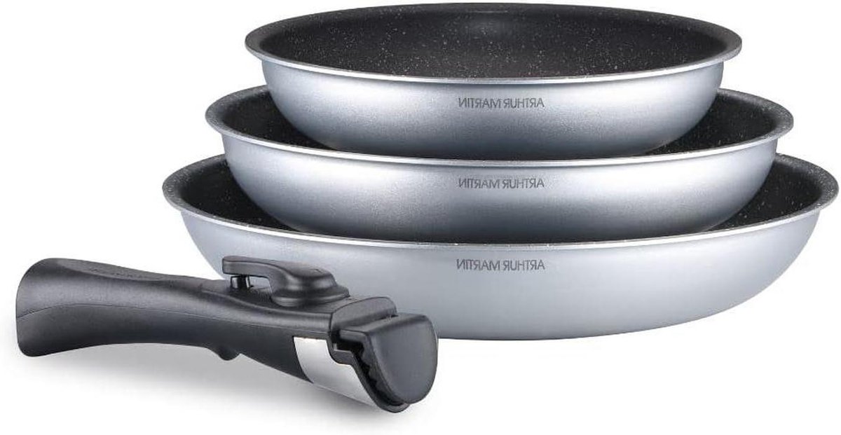 Set Koekenpannen - Koekenpan Set - Gezond Koken - Afneembare Handgrepen - 20-24-28 cm - Grijs