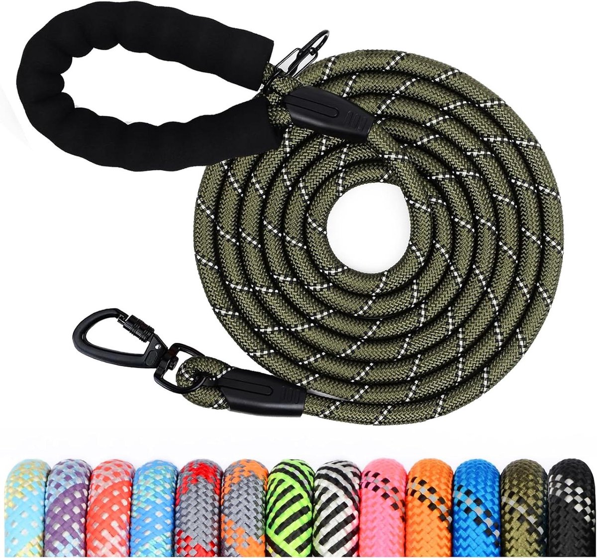 Hondenriem - Lange riem - Hondentraining - Gevoerde handgreep - 2M x 1.2cm - Olijfgroen