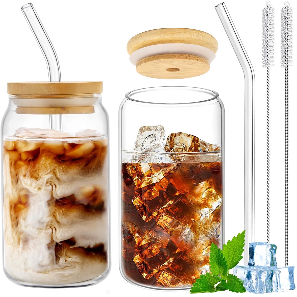 Allecto - Glass Cups with Spoon and Straw - Herbruikbare Glazen - 500 ml - Met Rietjes en Deksel - Perfect voor Koffie en Smoothies - Inclusief Sch...