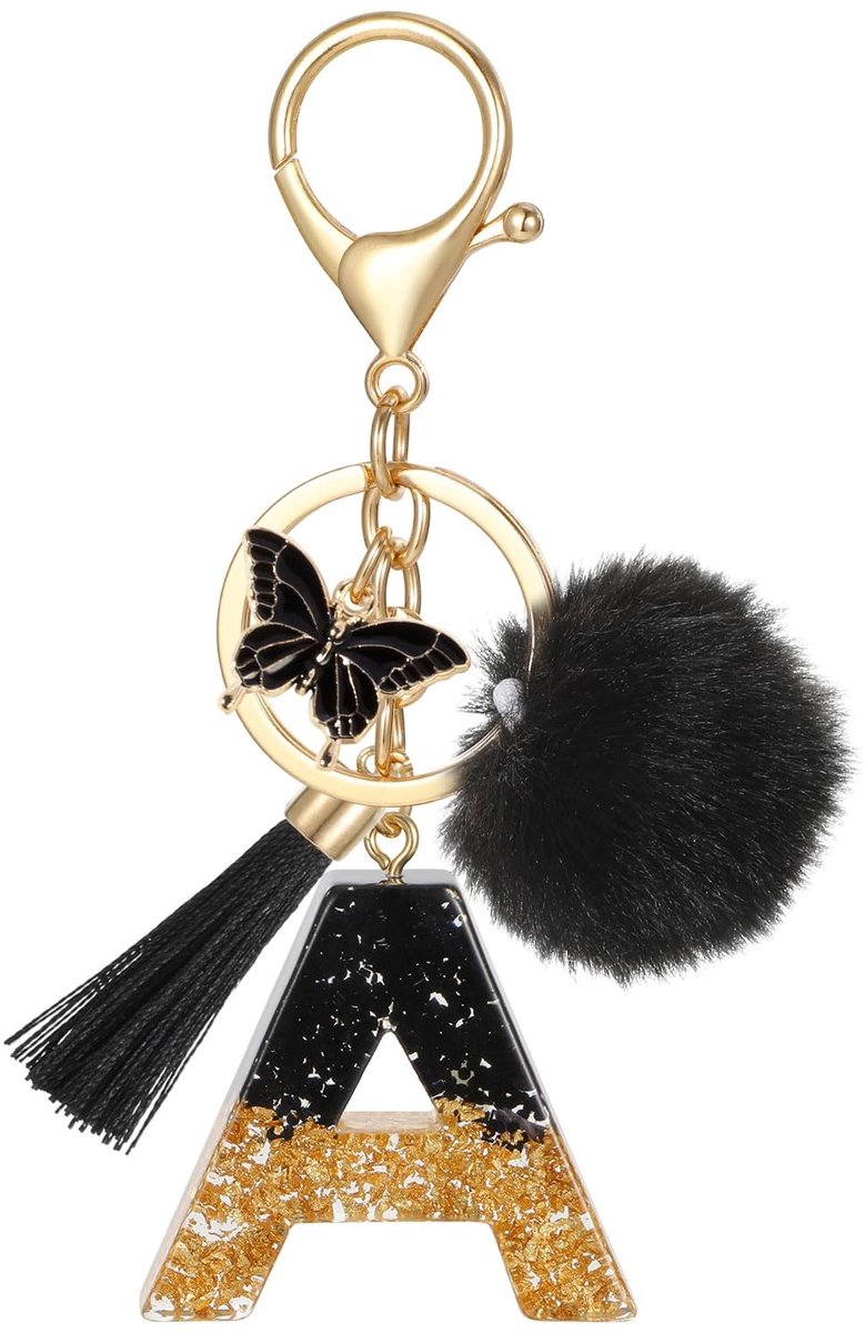 Allecto - Sleutelhanger met Initiaal - Alphabet Keychain - Unieke Ontwerp met Tassels - Zwart - Modeaccessoire - Perfect voor Handtas of Sleutels -...