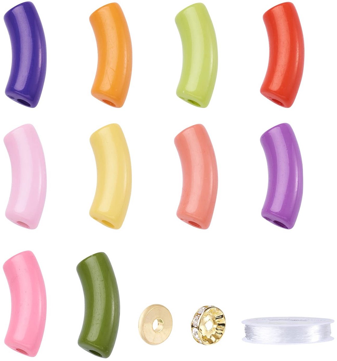 Allecto - PandaHall 60 Pcs Acryl Kleurige Curved Tube Beads met Rhinestone Spacer en Elastisch Draad