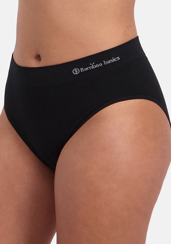 Zijkant van een zwarte naadloze bamboo basics slip met hoge taille, logo zichtbaar op de heup.