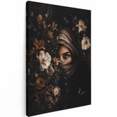Artaza Canvas Schilderij Vrouw Met Bloemen - Vlinders - Mysterieus Portret - 90x120 cm - Groot - Wanddecoratie Woonkamer - Schilderijen - Muurdecoratie