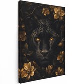 Artaza Canvas Schilderij Zwarte Panter Met Gouden Bloemen - Kunst - 90x120 cm - Groot - Wanddecoratie Woonkamer - Schilderijen - Muurdecoratie
