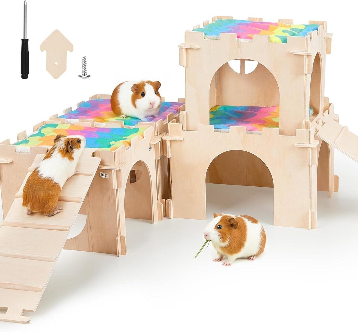 Cavia Verblijf - Konijnenhuisje Habitat - Kleine Dieren Schuilplaats - Met Trappen en Matten - 30 cm Breed - Houtkleur